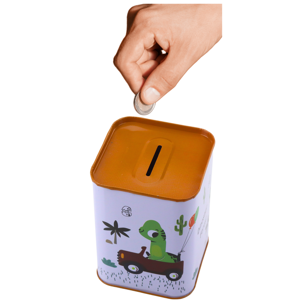Pokladnička s dinosaurem kovová – dětská na spoření 11x8cm