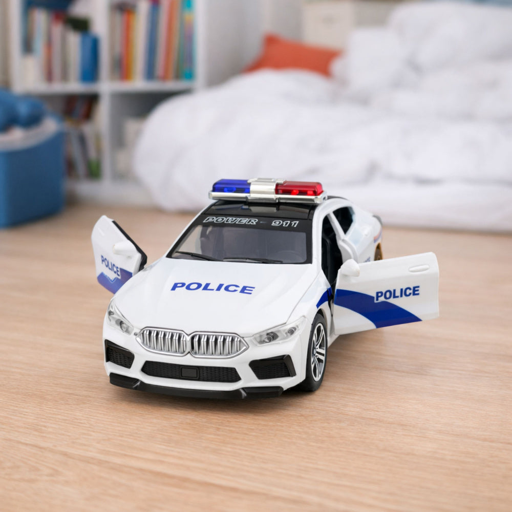 Policejní auto s motorkem, světly a zvuky – bílé