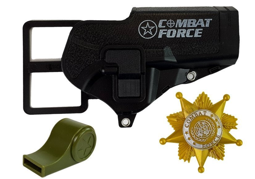 Policejní sada pistole 20cm s odznakem píšťalkou pouzdrem světly zvuky