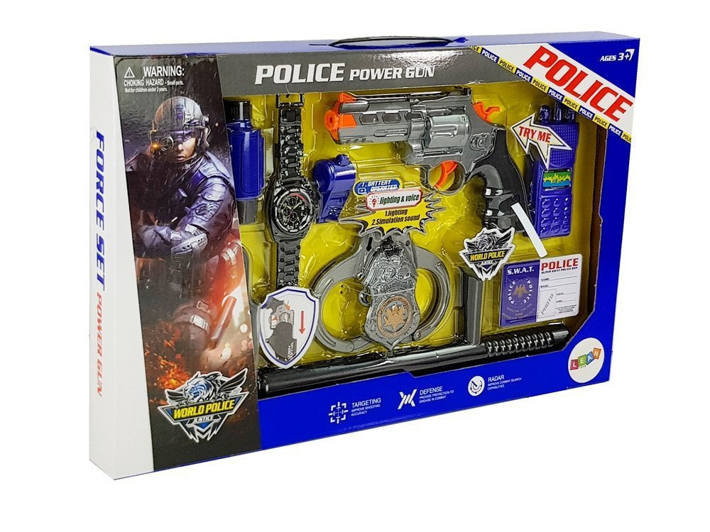 Policejní sada pistole pouzdro pouta dalekohled píšťalka odznak