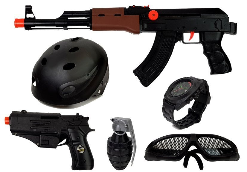Policejní sada pro děti helma pistole karabin brýle černá