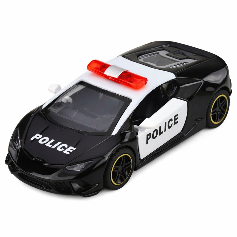 Policejní sportovní auto s motorem a zpětným pohonem černé 1:43