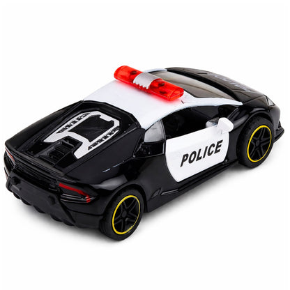 Policejní sportovní auto s motorem a zpětným pohonem černé 1:43