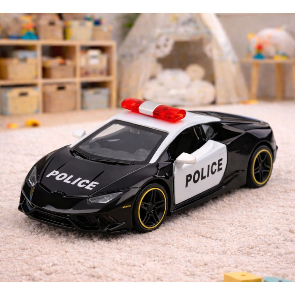 Policejní sportovní auto s motorem a zpětným pohonem černé 1:43