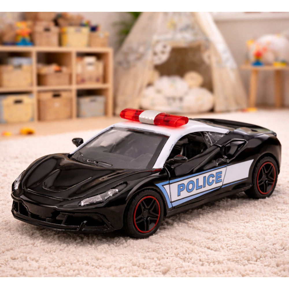 Policejní sportovní auto s pullback pohonem černé 1:43 – kovové