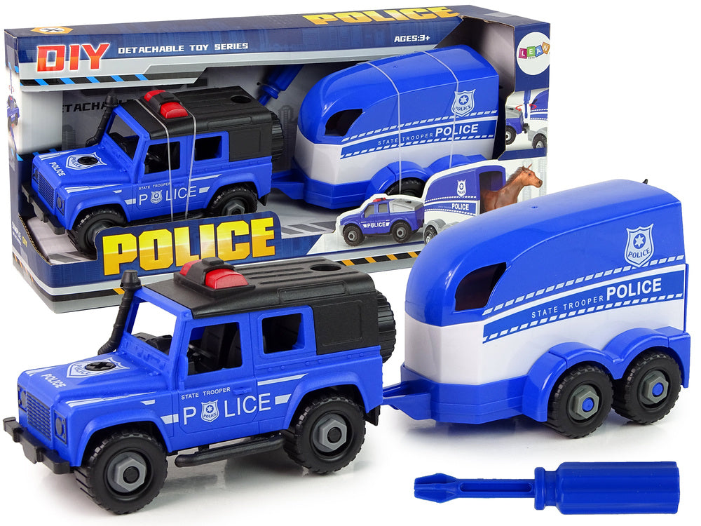 Policejní terénní auto s transportérem koní – DIY stavebnice