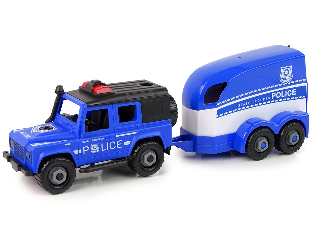 Policejní terénní auto s transportérem koní – DIY stavebnice