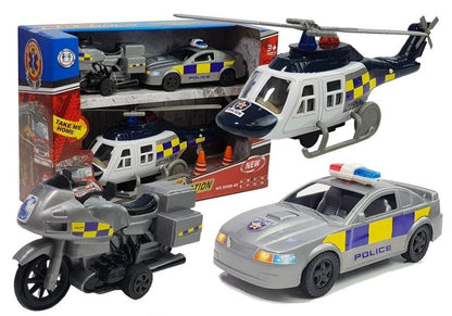 Policejní vozidla se světly a zvuky – helikoptéra auto motocykl