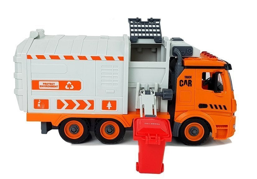Popelářské auto DIY stavebnice se šroubovákem zvuky světly oranžové