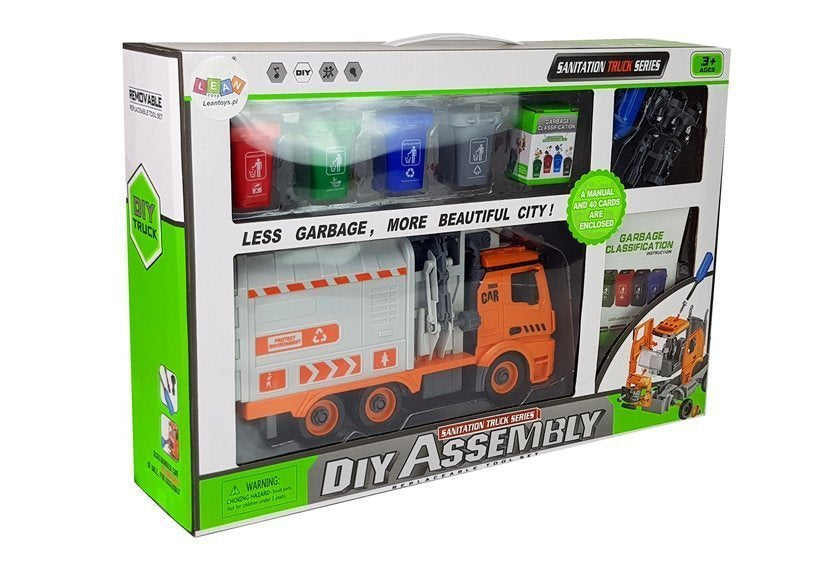 Popelářské auto DIY stavebnice se šroubovákem zvuky světly oranžové