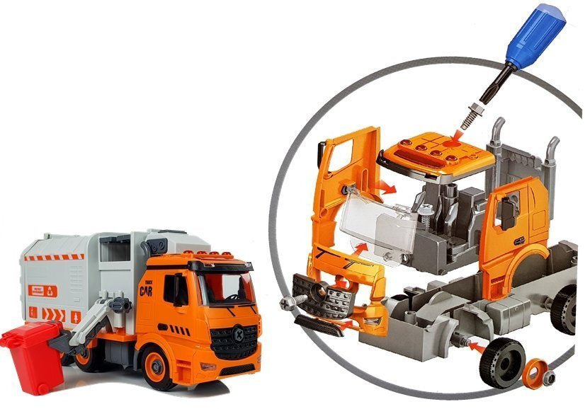 Popelářské auto DIY stavebnice se šroubovákem zvuky světly oranžové