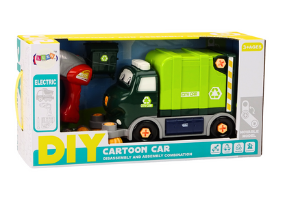 Popelářské auto k rozkládání s nářadím DIY a rotačními kartáči zelené