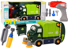 Popelářské auto k rozkládání s nářadím DIY a rotačními kartáči zelené