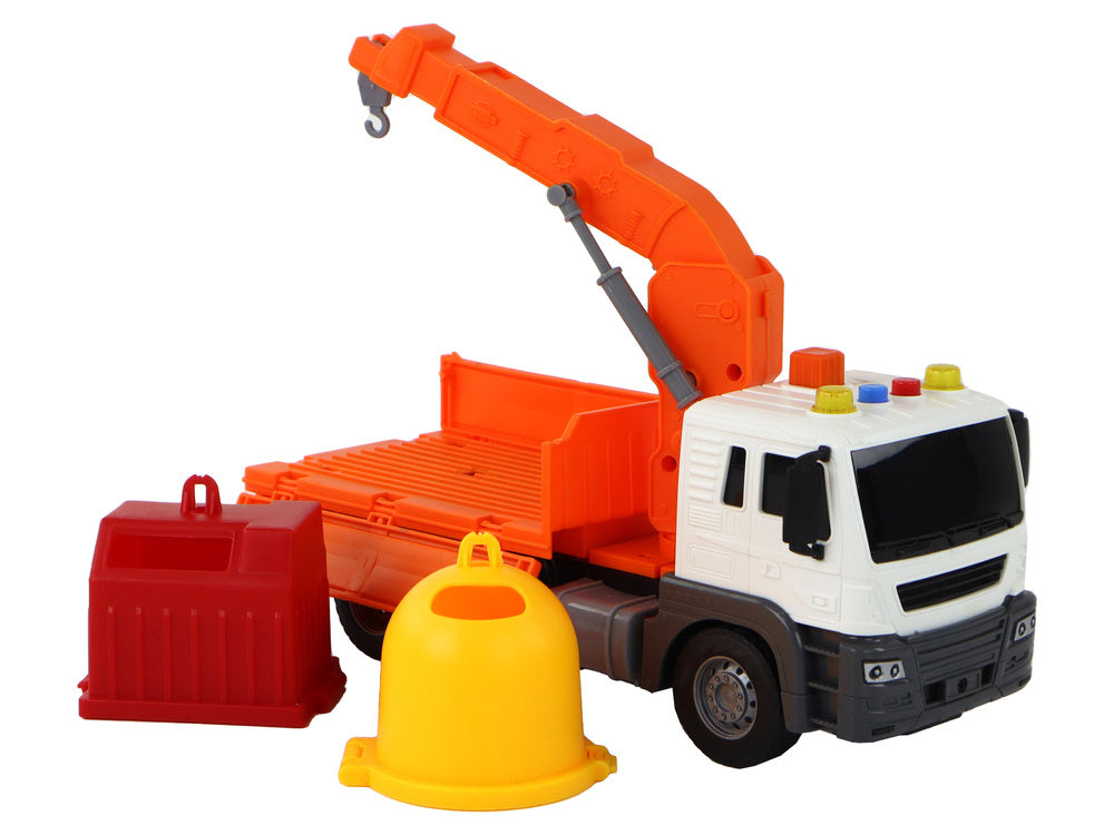 Popelářské auto s jeřábem 1:16 – třecí pohon se zvuky | oranžové