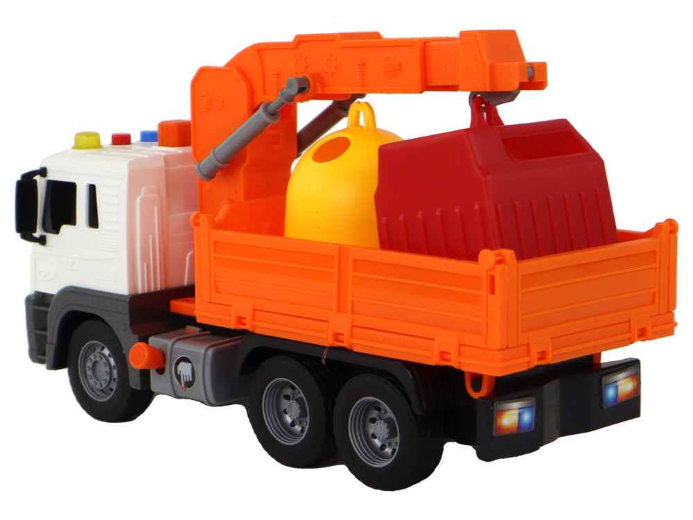 Popelářské auto s jeřábem 1:16 – třecí pohon se zvuky | oranžové