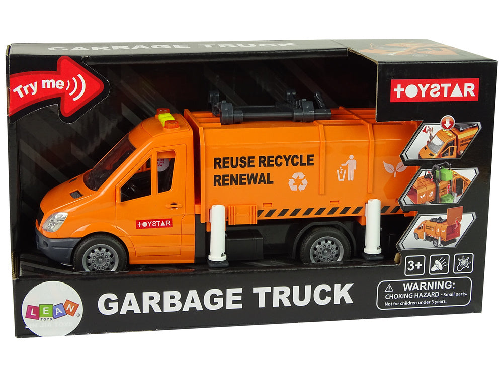 Popelářské auto s třecím pohonem a zvukovými efekty oranžové