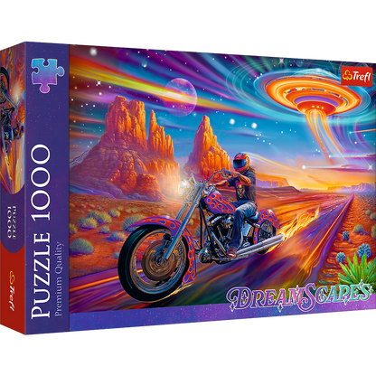 Puzzle 1000 dílků Šílená jízda motorkář pouště vesmírná loď
