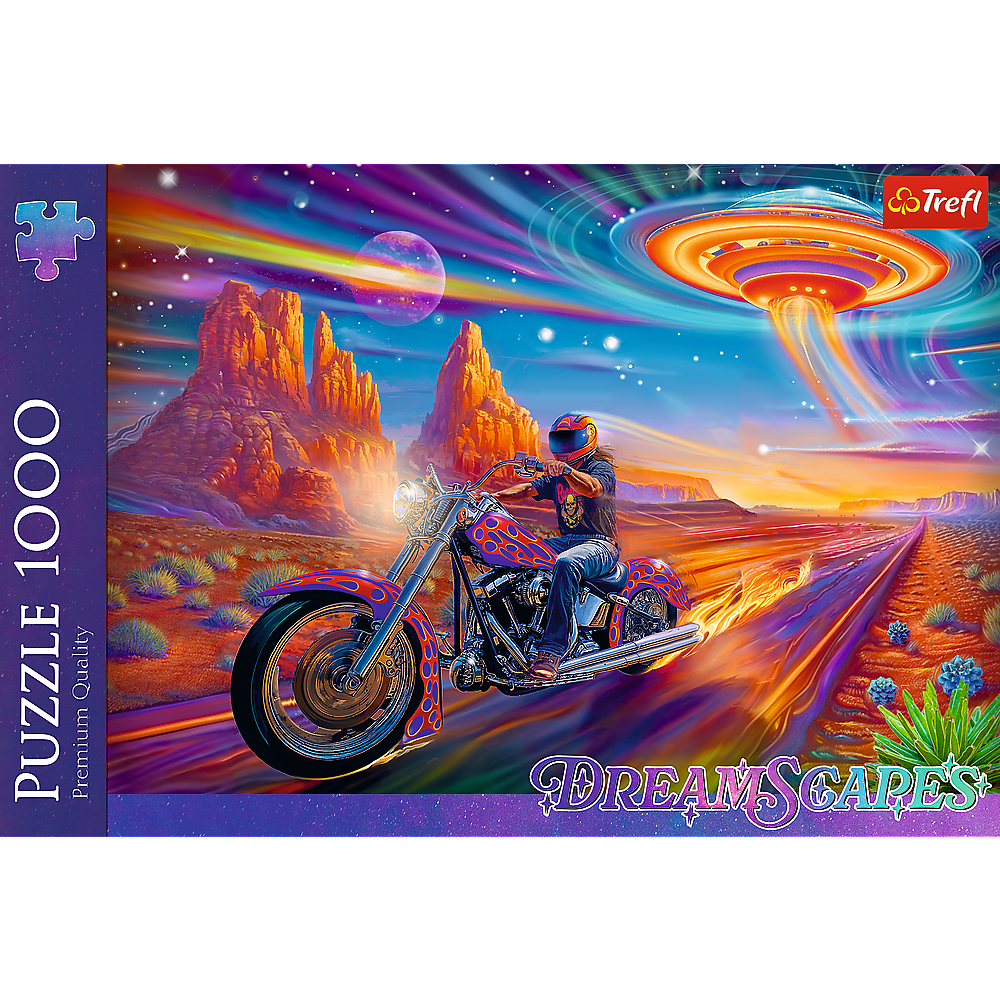 Puzzle 1000 dílků Šílená jízda motorkář pouště vesmírná loď