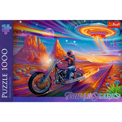 Puzzle 1000 dílků Šílená jízda motorkář pouště vesmírná loď