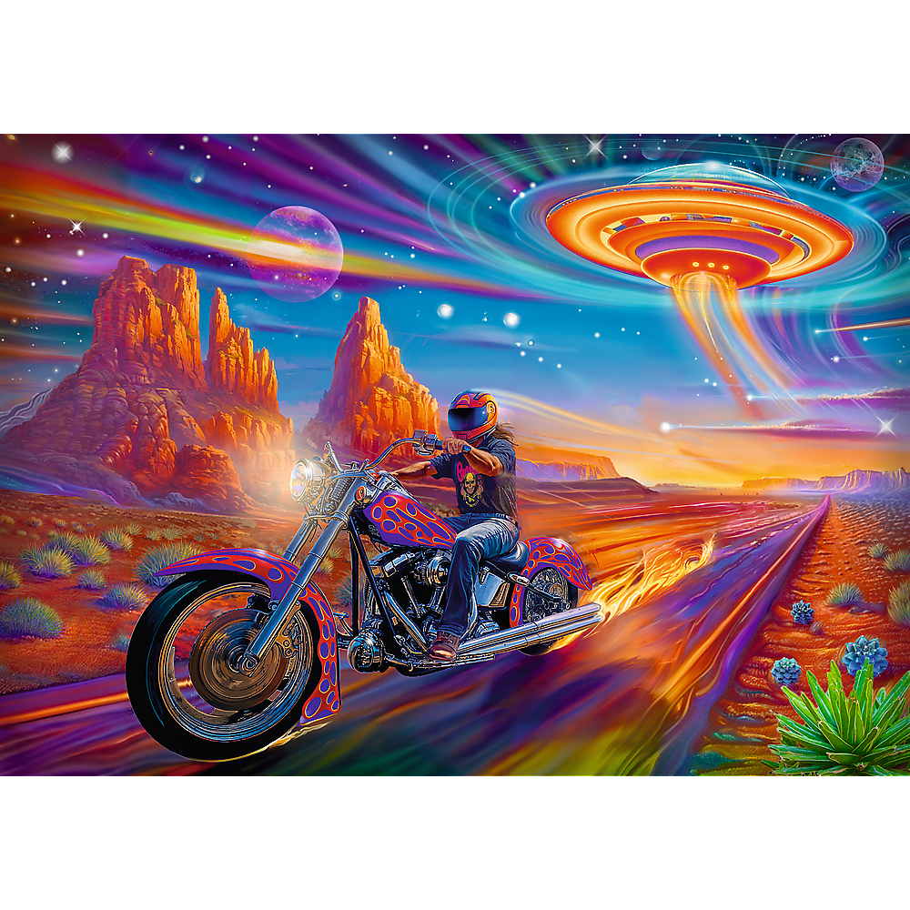 Puzzle 1000 dílků Šílená jízda motorkář pouště vesmírná loď