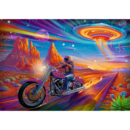 Puzzle 1000 dílků Šílená jízda motorkář pouště vesmírná loď