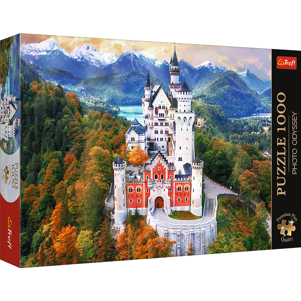 Puzzle 1000 dílků Zámek Neuschwanstein s plakátem – Trefl