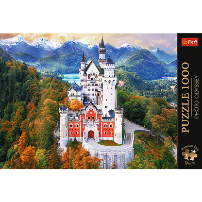 Puzzle 1000 dílků Zámek Neuschwanstein s plakátem – Trefl