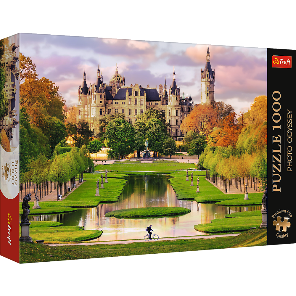 Puzzle 1000 dílků zámek Schwerin s plakátem – Trefl Premium Plus