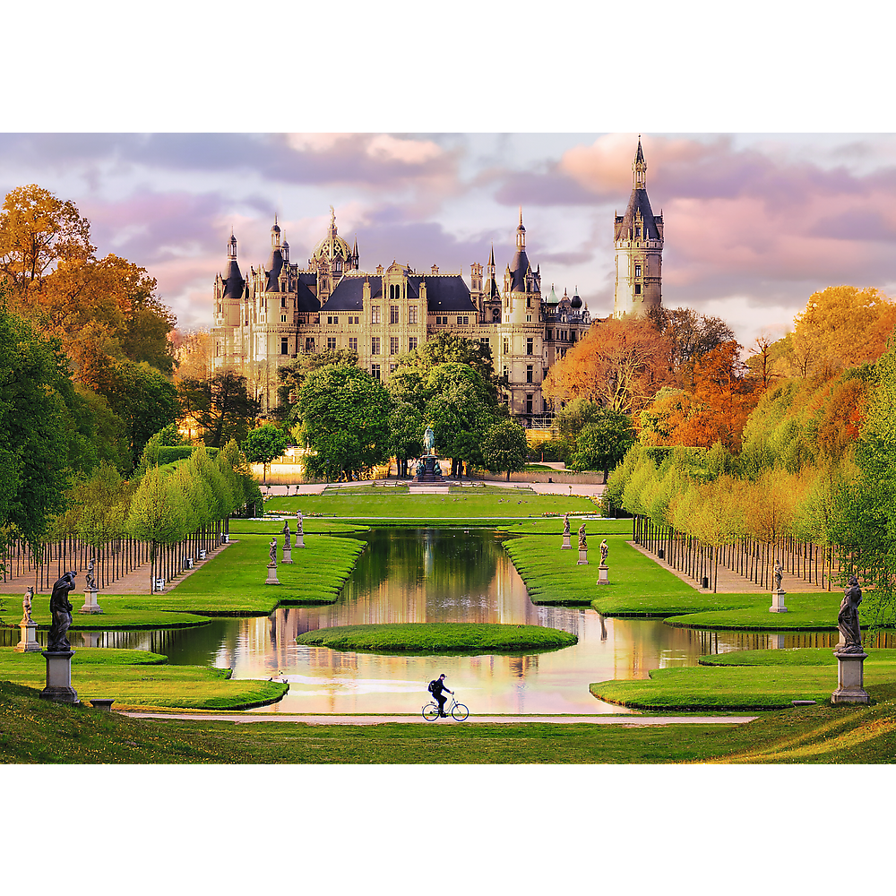 Puzzle 1000 dílků zámek Schwerin s plakátem – Trefl Premium Plus