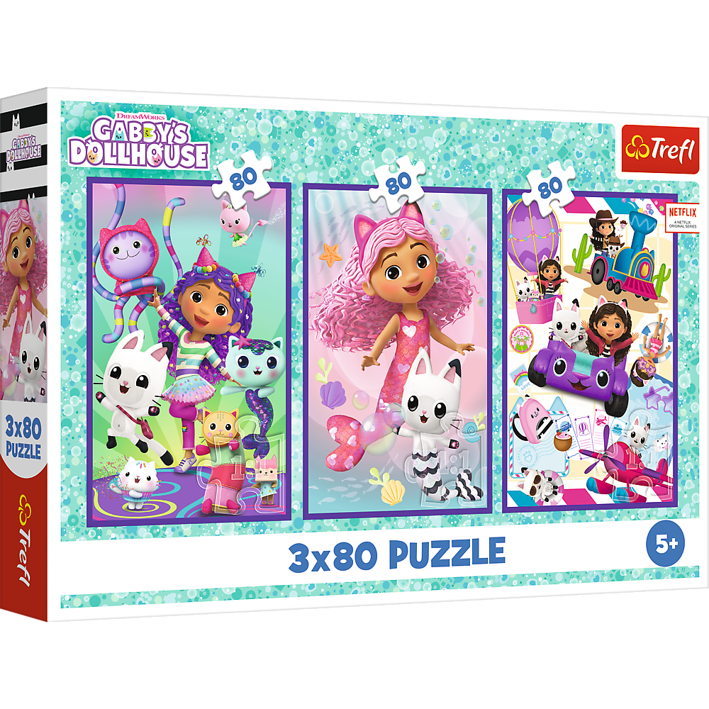 Puzzle 3x80 dílků Kočičí domeček Gabby – Trefl 34882