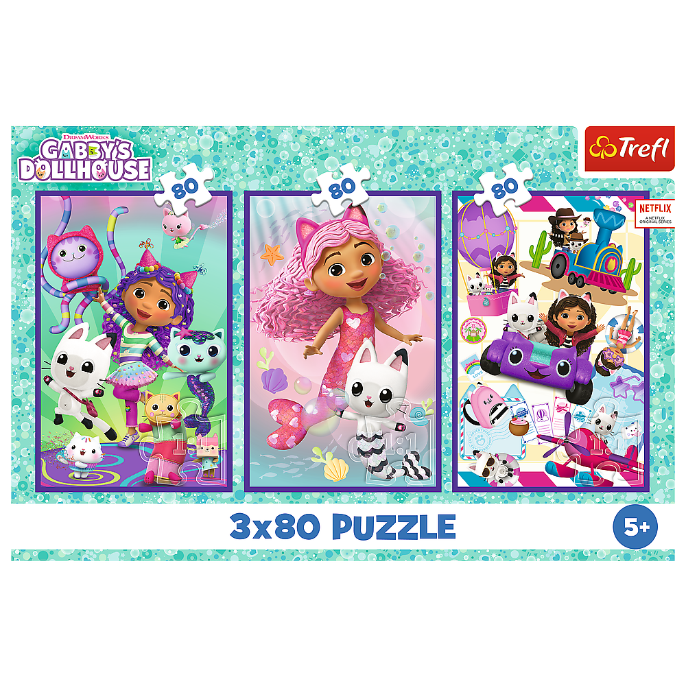 Puzzle 3x80 dílků Kočičí domeček Gabby – Trefl 34882