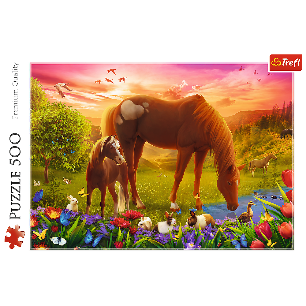 Puzzle 500 dílků Koně na louce při západu slunce – Trefl