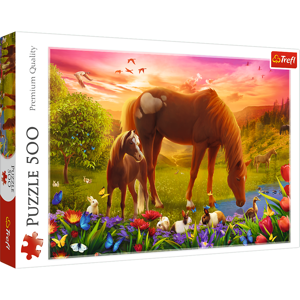 Puzzle 500 dílků Koně na louce při západu slunce – Trefl