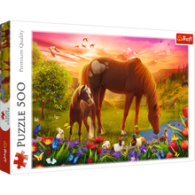 Puzzle 500 dílků Koně na louce při západu slunce – Trefl