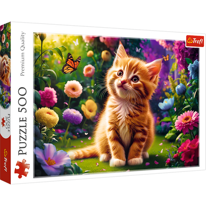 Puzzle 500 dílků roztomilé kotě s květinami – Trefl 37525