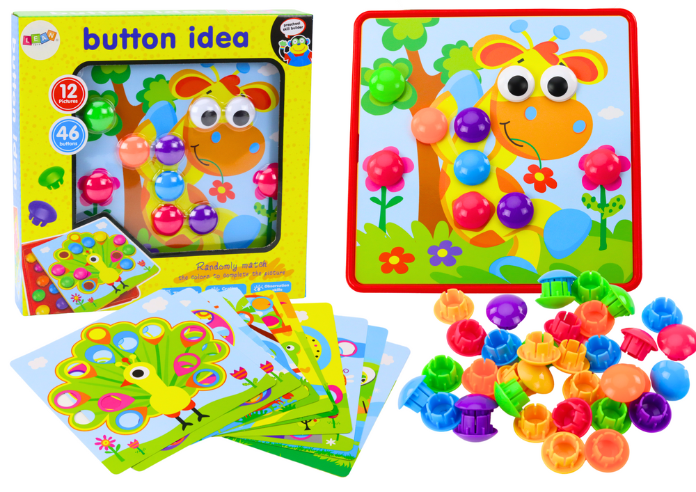 Puzzle s barevnými knoflíky 12 obrázků k doplňování