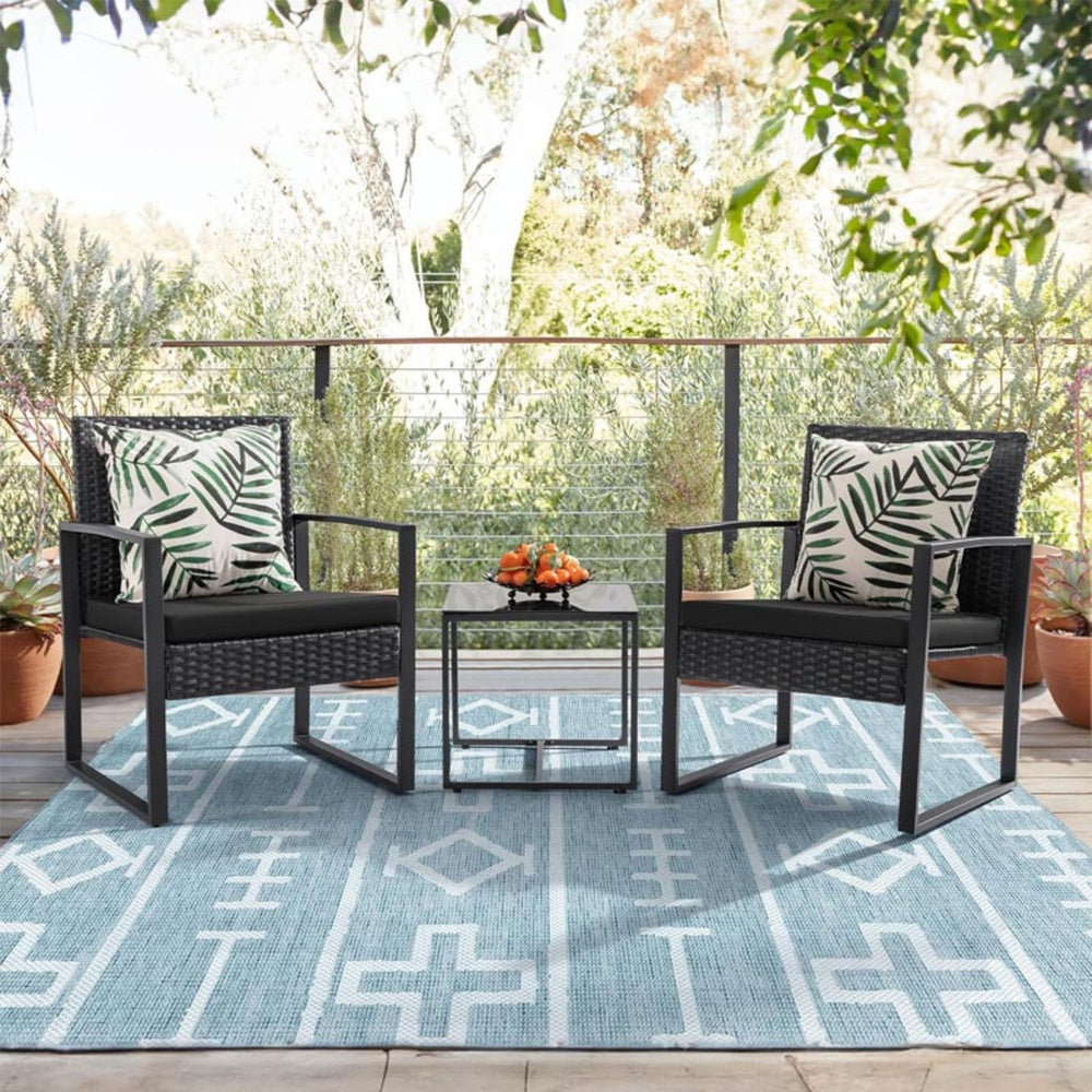 Ratanový zahradní set se dvěma židlemi a stolkem, černý
