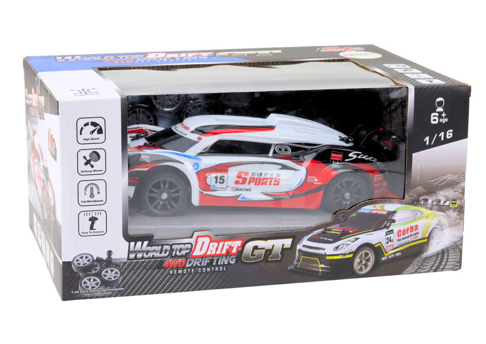 RC auto sportovní 1:16 drift s výměnnými koly bílo červené