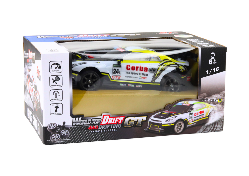 RC auto sportovní 1:16 drift s výměnnými koly bílo žluté