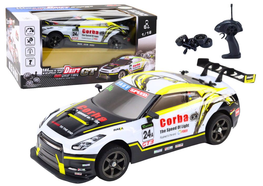 RC auto sportovní 1:16 drift s výměnnými koly bílo žluté