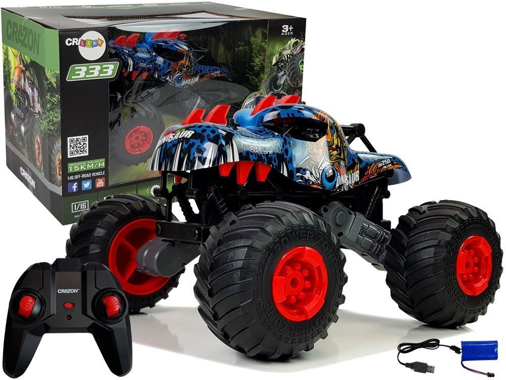RC auto terénní s velkými koly motiv dinosaurus 2.4G červené