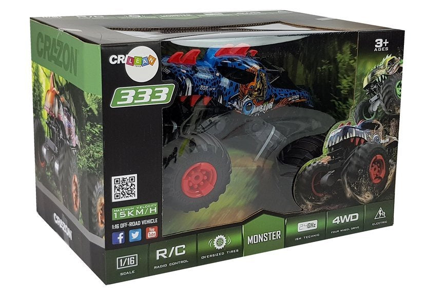 RC auto terénní s velkými koly motiv dinosaurus 2.4G červené
