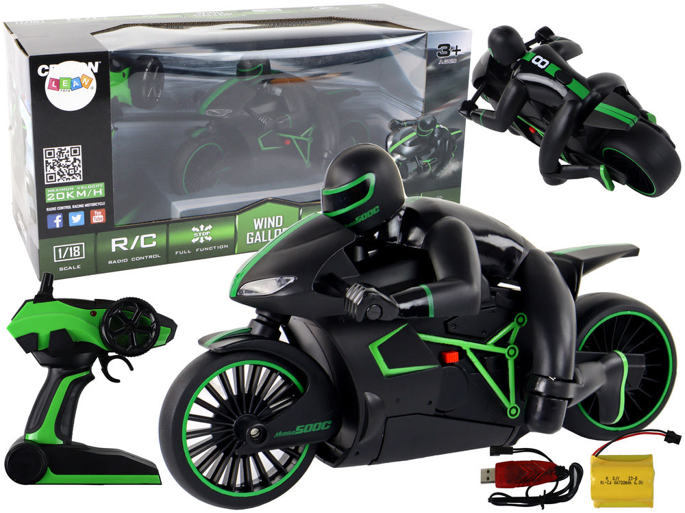 RC motocykl na dálkové ovládání 20 km/h s jezdcem zelený