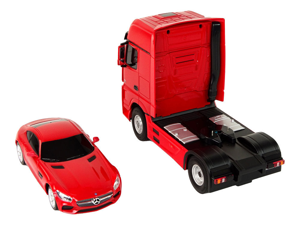 RC odtahové vozidlo s autíčkem Mercedes Benz 1:26 červené