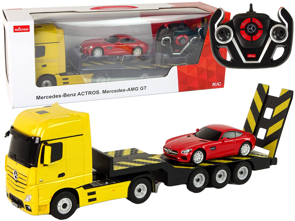 RC odtahové vozidlo s autíčkem Mercedes Benz 1:26 žluto červené
