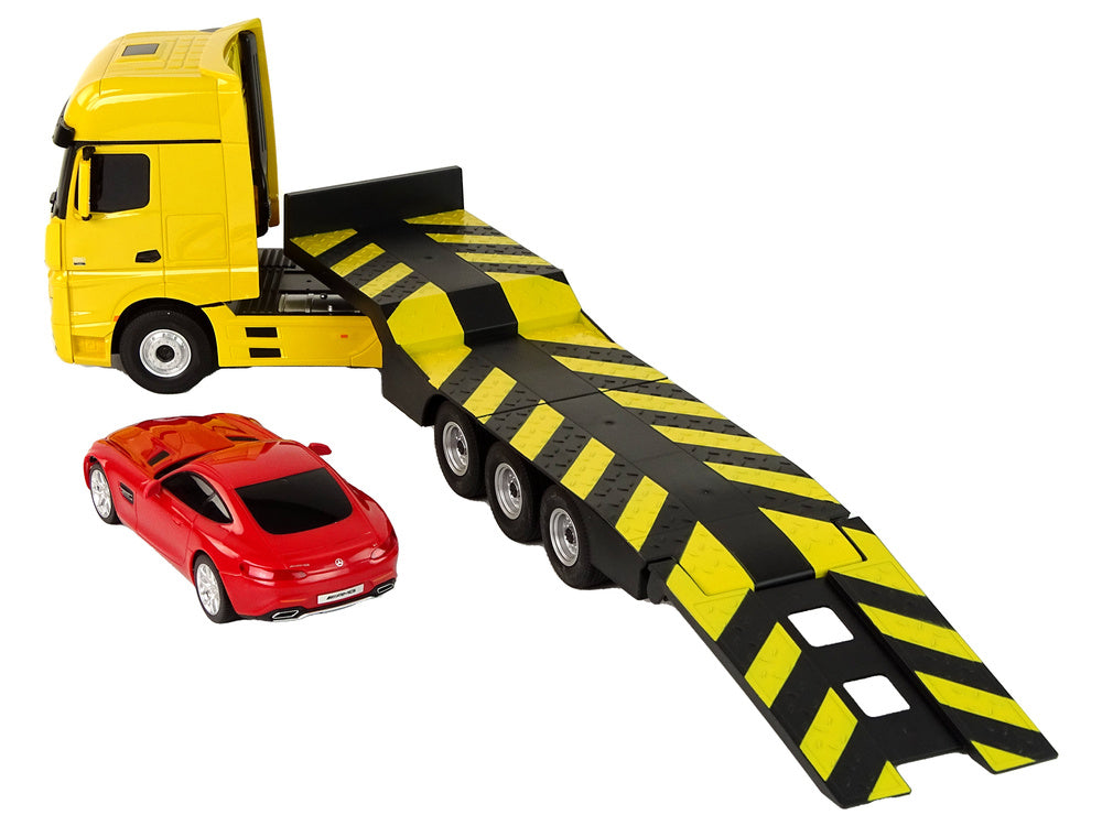 RC odtahové vozidlo s autíčkem Mercedes Benz 1:26 žluto červené