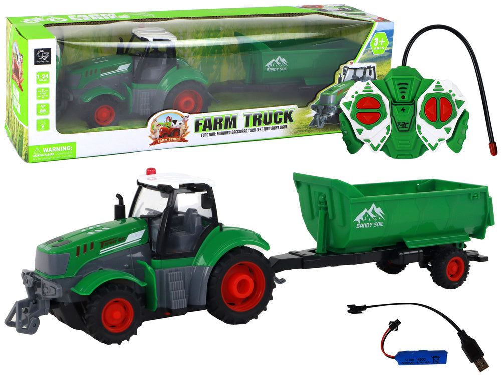 RC traktor s přívěsem 1:24 – dálkové ovládání se světly | zelený