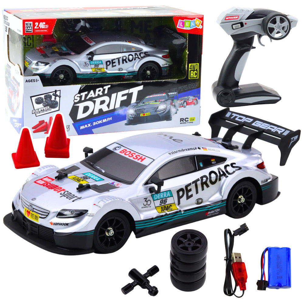 RC závodní auto na dálkové ovládání 1:16 s LED světly stříbrné