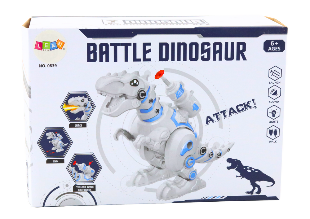 Robot dinosaurus s vystřelovačem šípů světla zvuky bílý