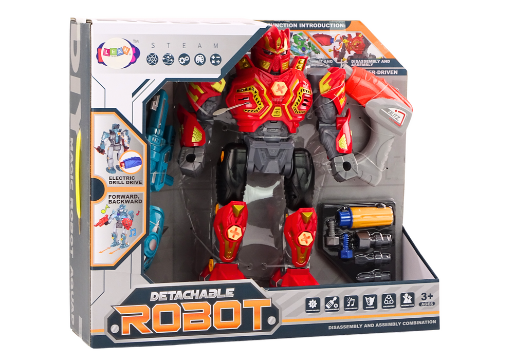 Robot k sestavování s vrtačkou a šroubovákem se světly a zvuky červený